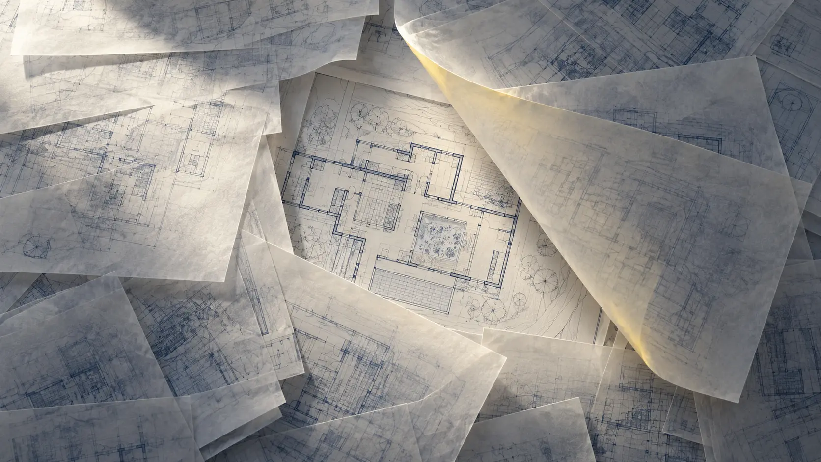 Layers of translucent architectural plans part to reveal one clear drawing beneath.