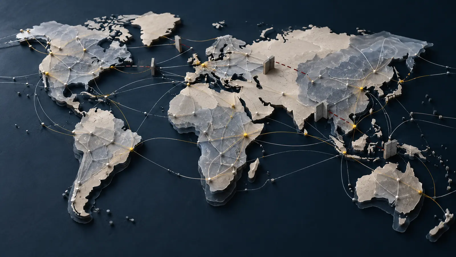 Layered world map with interrupted global connections rerouting through alternative hubs.