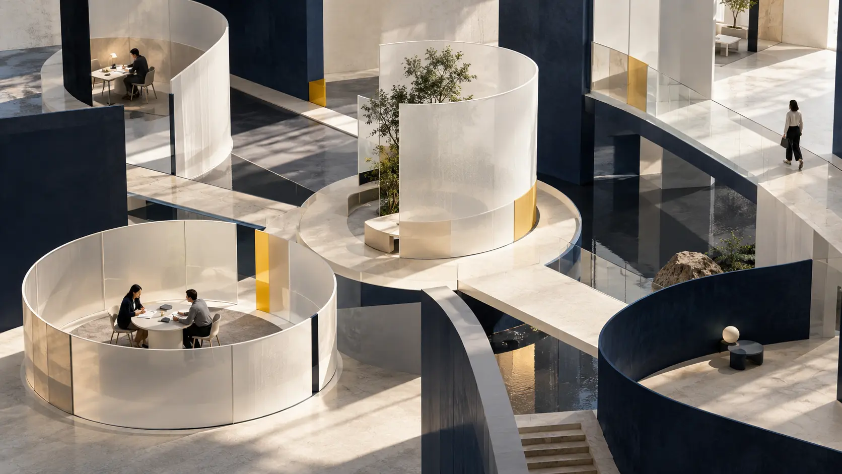 People working across interconnected architectural zones that represent different modes of work.