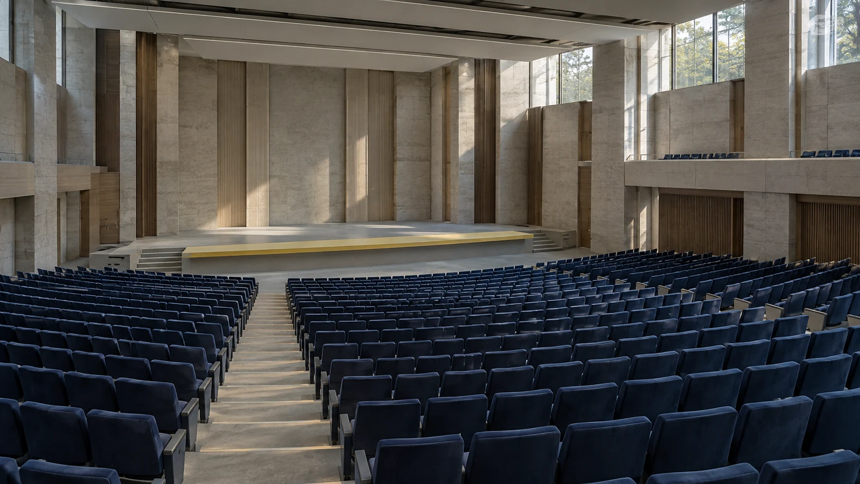 Daylight falls across navy seats and an empty stage in a contemporary convention hall.