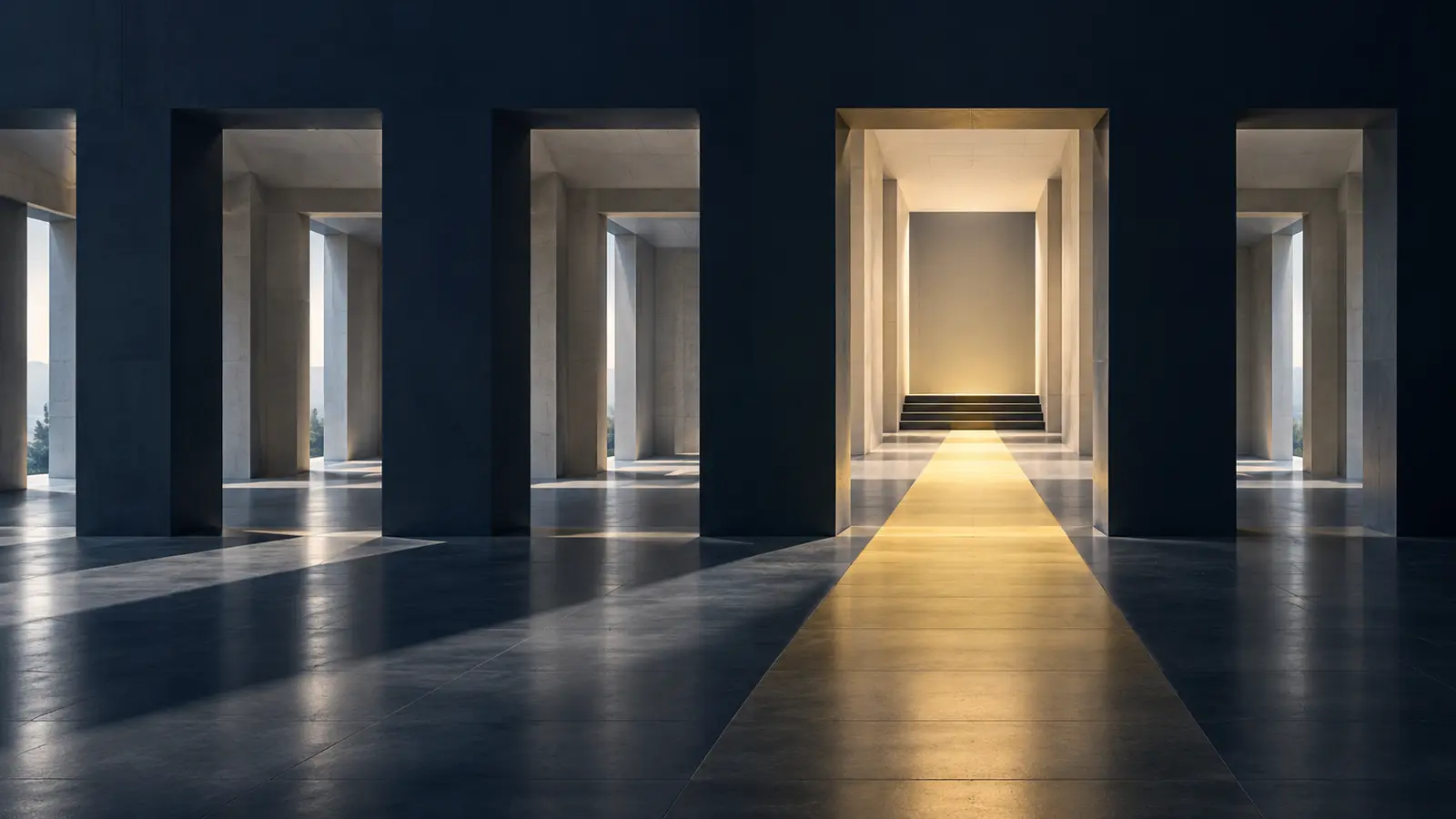 Several architectural passages with one precisely aligned route illuminated in warm yellow light.