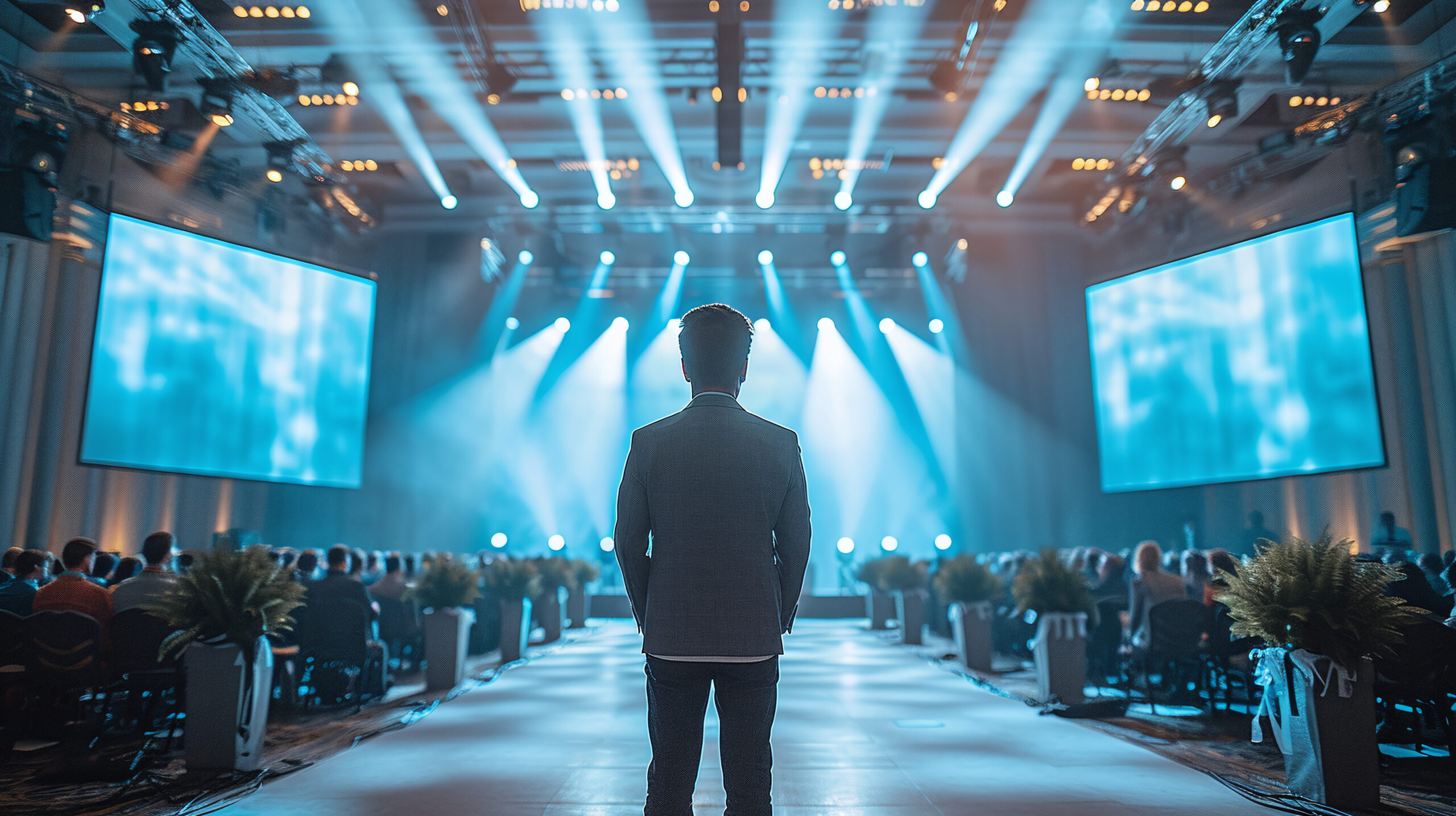 male keynote speaker at a conference, rear view Find your Keynote Speaker in minutes
