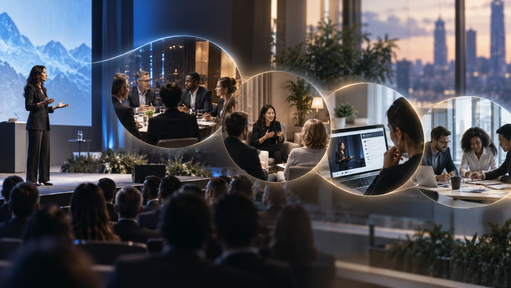 Keynote speaker on stage with a visual sequence leading into dialogue, reactivation and application.