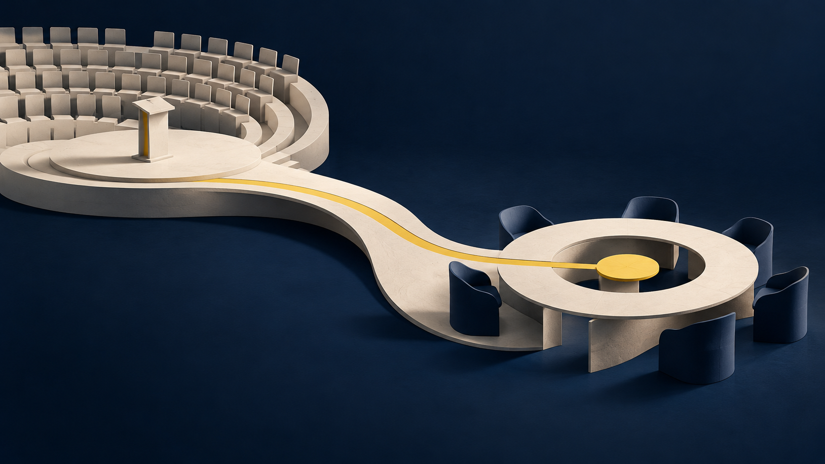 An ivory speaking platform connects by a curved pathway to a circular boardroom table against a navy background.