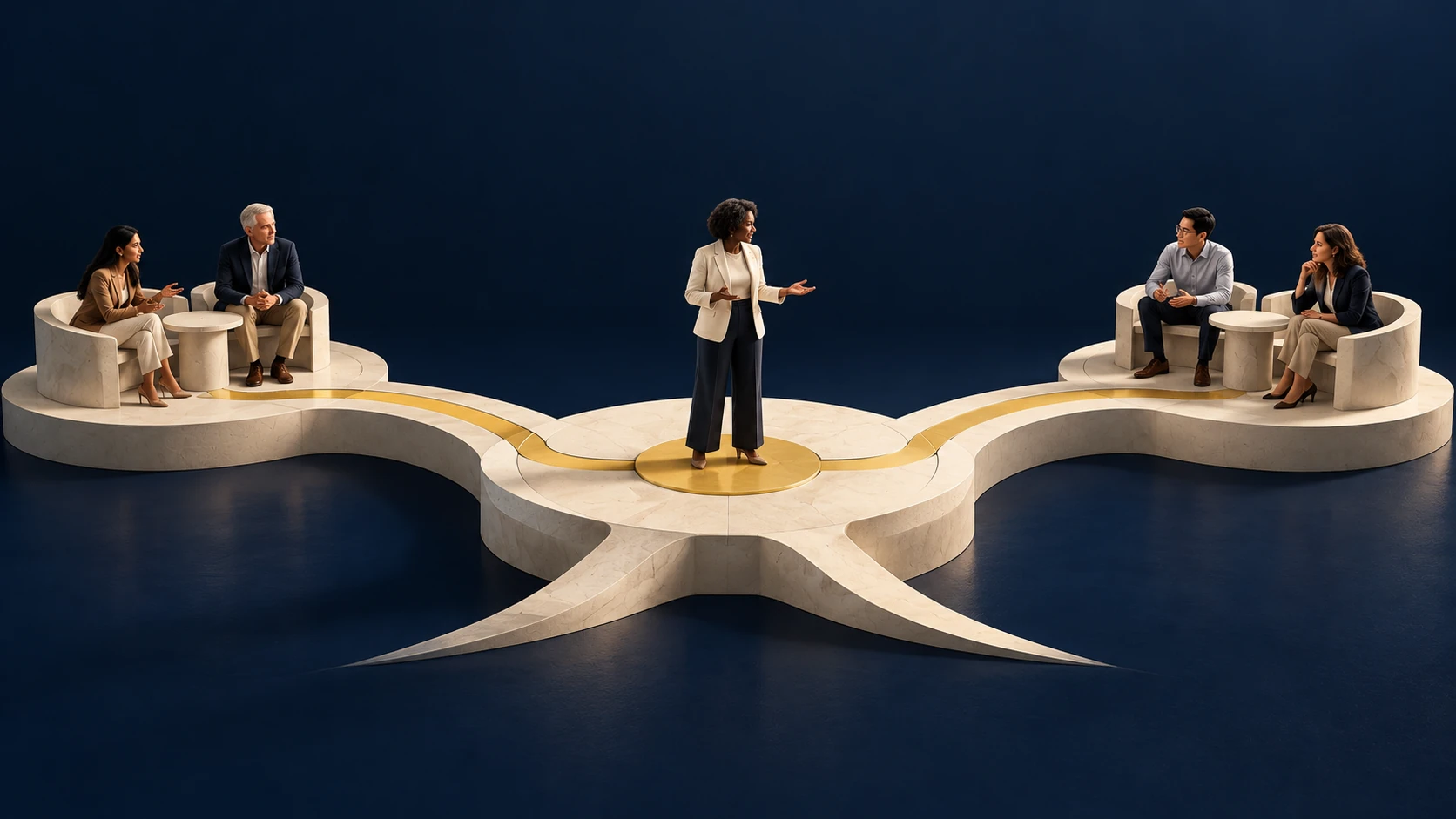 A manager connects two diverse teams in business casual across ivory platforms with gold paths.